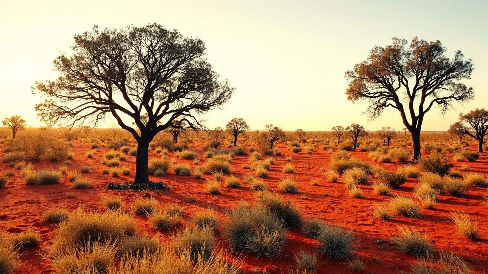 Mulga trees on red earth at sunset, central Australia